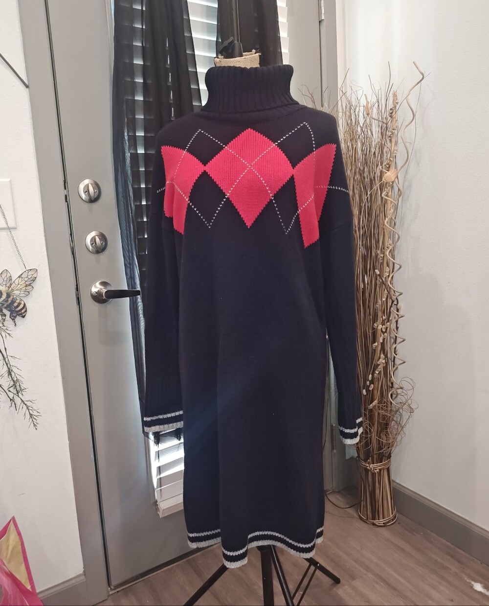 Tommy Hilfiger Black Sweater Dress with Red Argyle